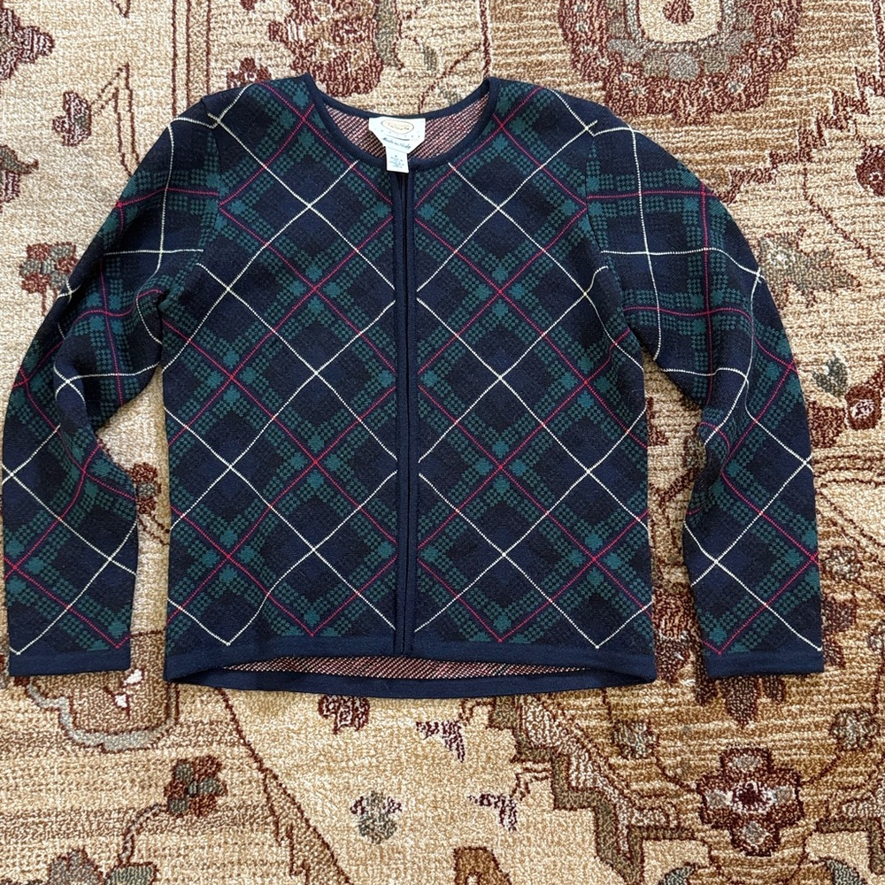 Vintage talbots plaid argyle zip up cardigan size p
